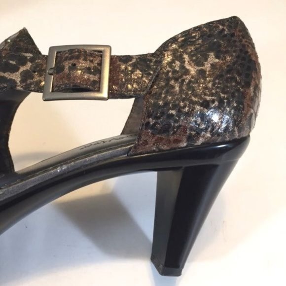 Bella Vita Womens Snake Print Open Toe Pumps Black Brown Leather Buckle size 6 - Picture 7 of 11